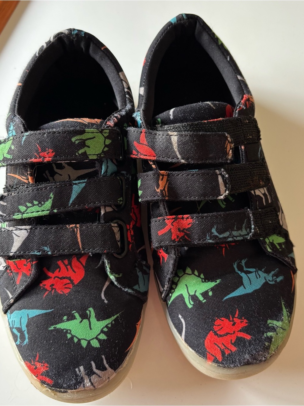 Kids Velcro Canvas Sneakers with Colorful Dinosaur Print - Black